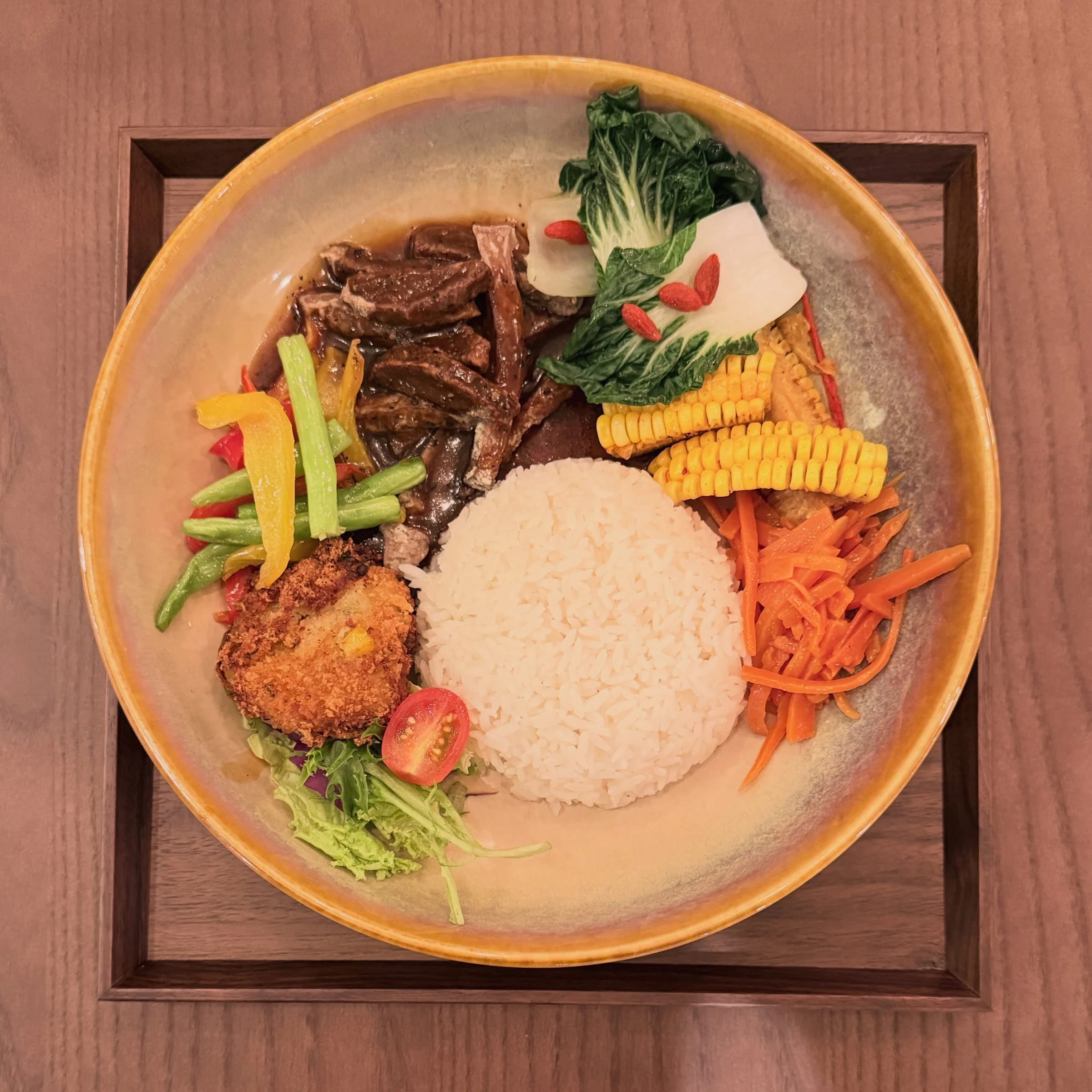 Ascend Signature set meal with rice and a generous selection of vegetables